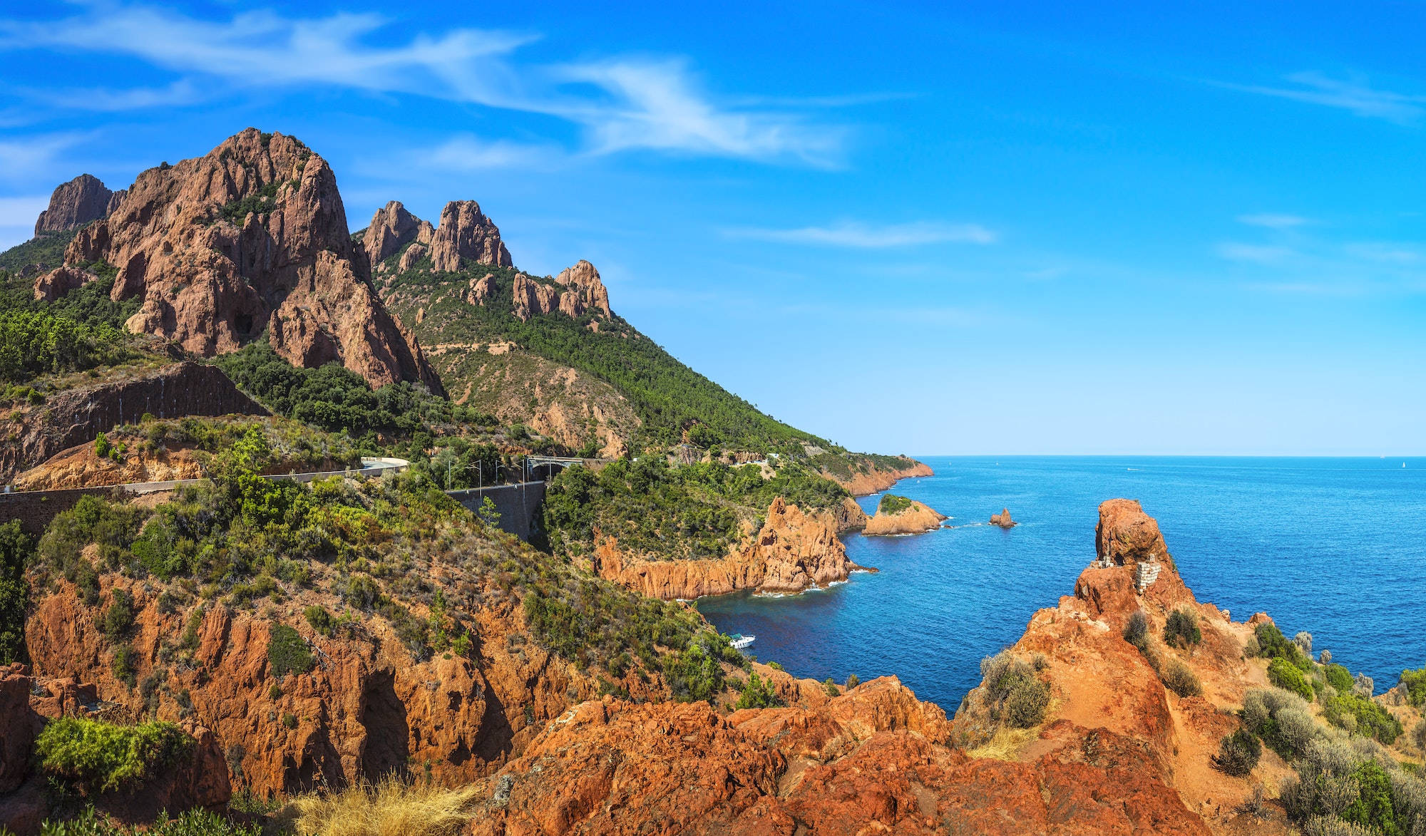 Esterel rocky beach coast and sea. Saint Raphael, Cannes, Cote Azur, Provence, France