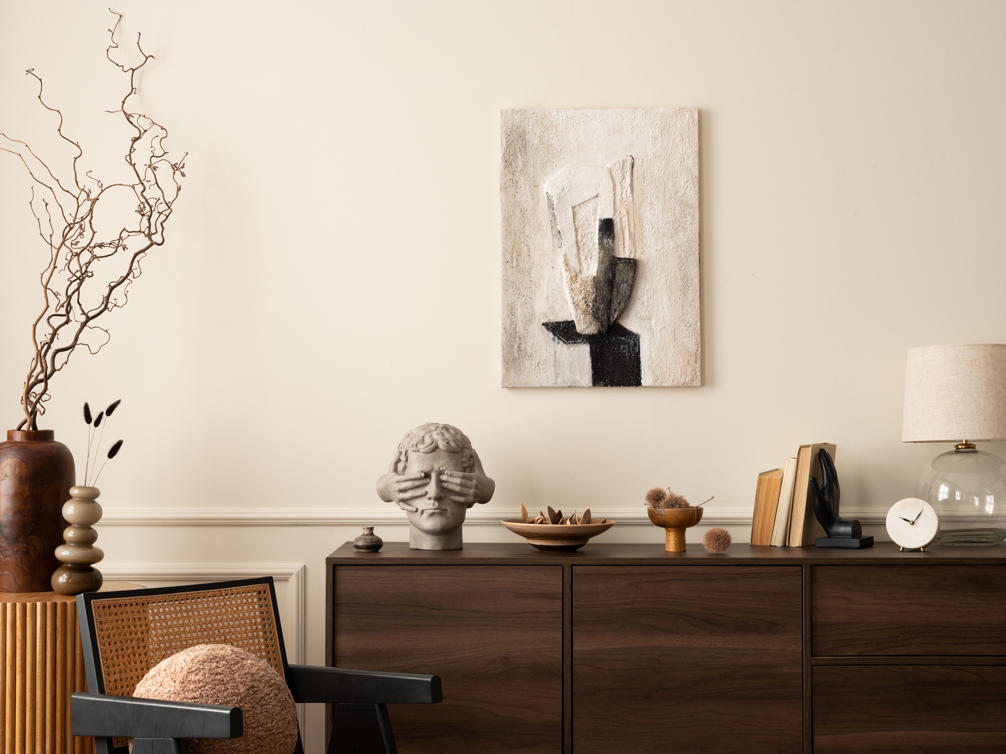 Creative composition of stylish living room interior personal accessories. Home decor. Template.